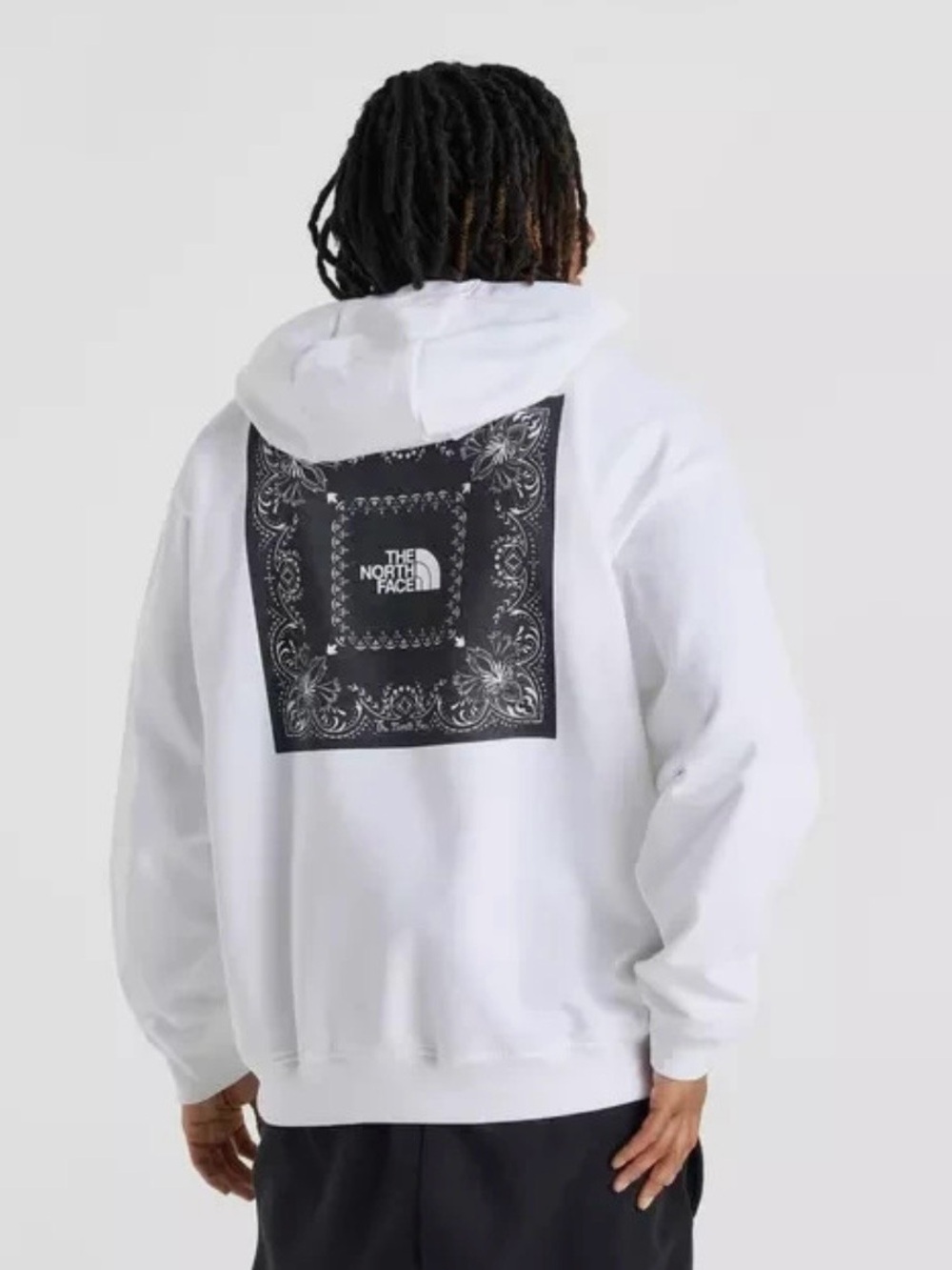 The North Face White Hoodie with Black Bandana Back Print Panel